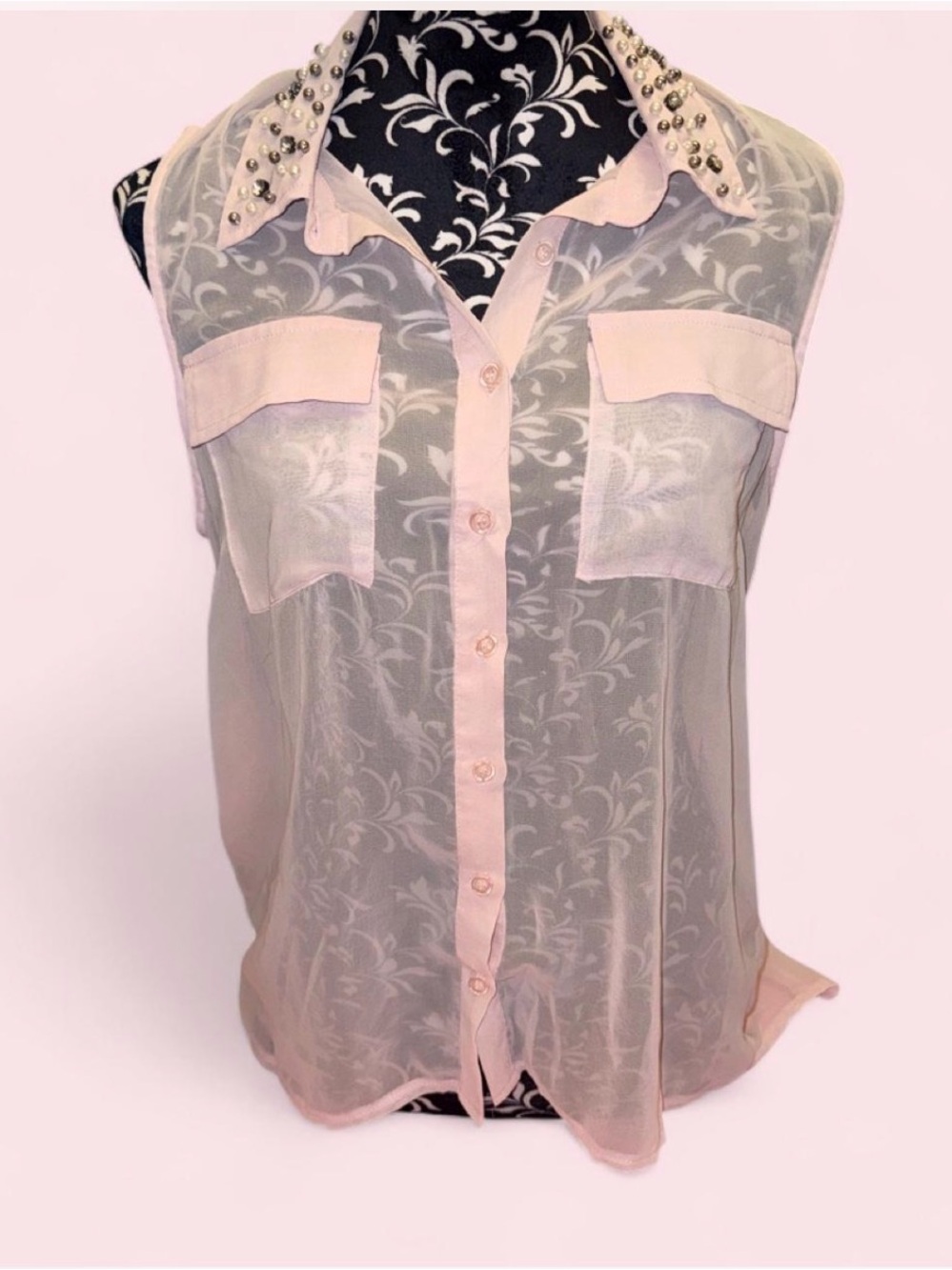 DOTS sleeveless pink sheer button-down blouse